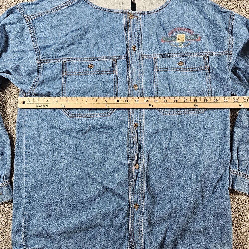 Vintage Gitano Shirt Mens Medium Blue Chambray Buttoned Hooded 80s 90s Western - Picture 6 of 10